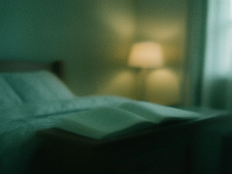 Dimly lit bedroom with soft lamp and open book on bedside table